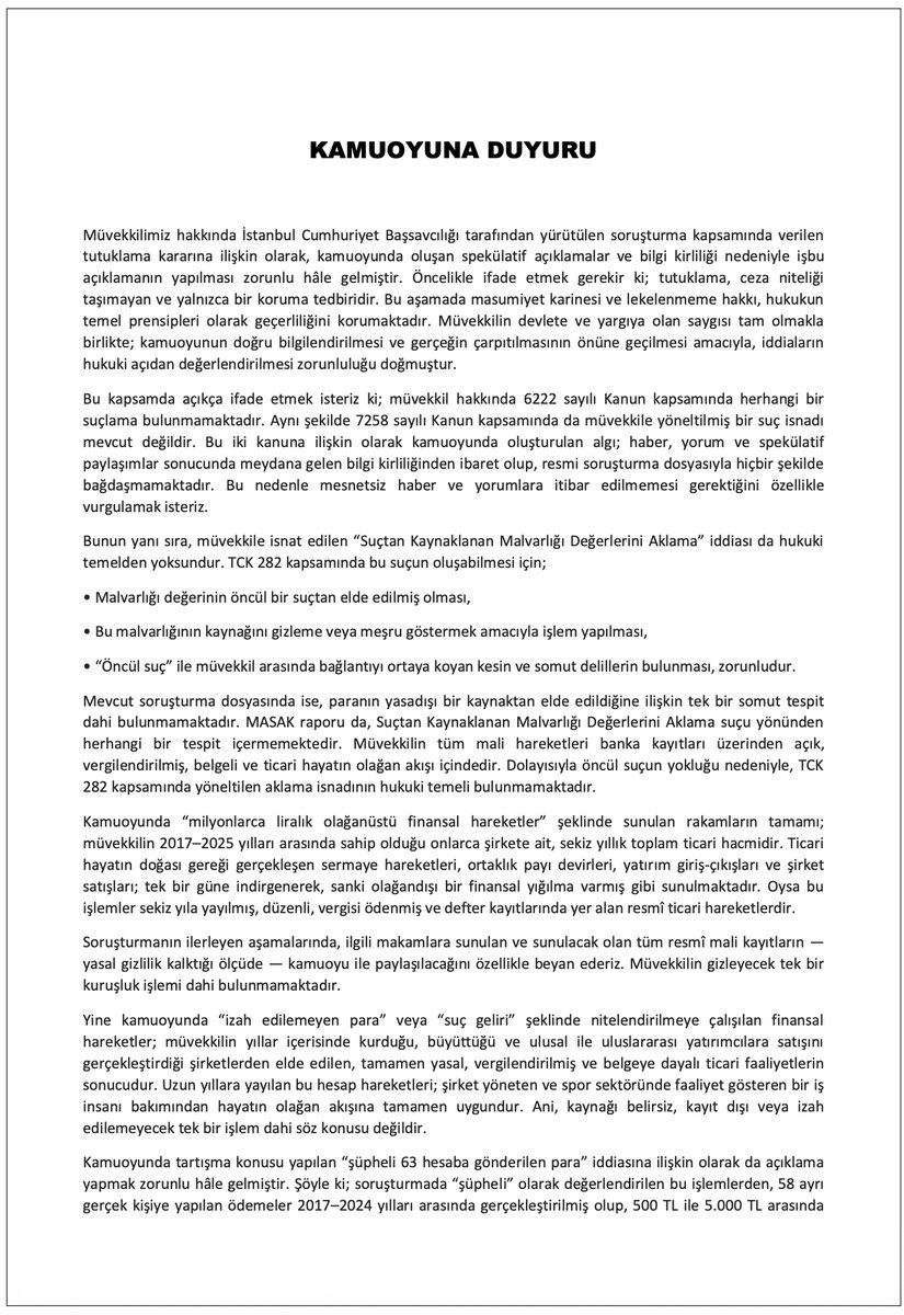 MuratSancak's tweet photo. Müvekkilimiz hakkında İstanbul Cumhuriyet Başsavcılığı tarafından yürütülen soruşturma kapsamında verilen
tutuklama kararına ilişkin olarak, kamuoyunda oluşan spekülatif açıklamalar ve bilgi kirliliği nedeniyle işbu
açıklamanın yapılması zorunlu hâle gelmiştir. https://t.co/xZbphvs0xp