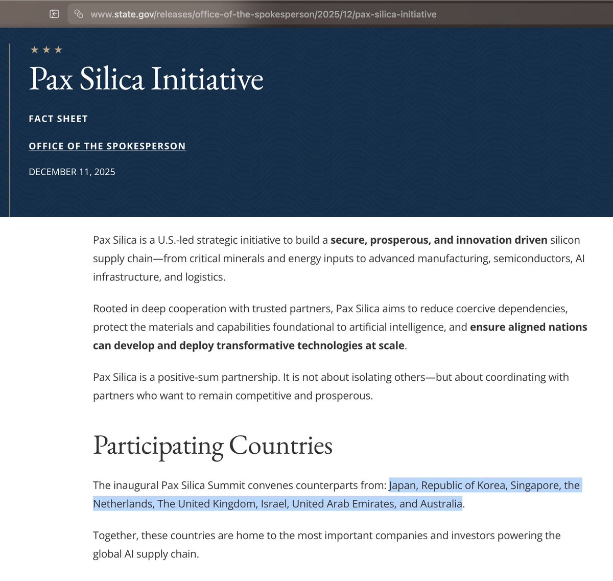 Pax Silica
Japan, Republic of Korea, Singapore, the Netherlands, The United Kingdom, Israel, United Arab Emirates, and A