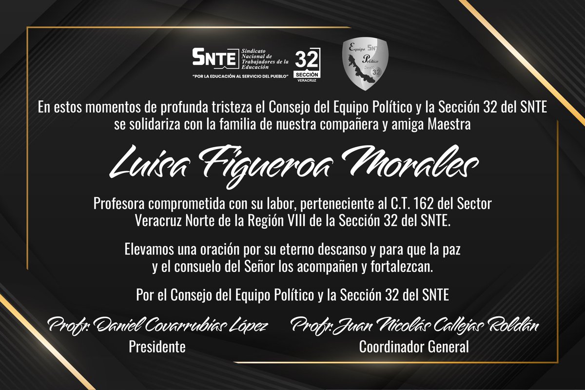 Con profunda tristeza acompaño en el dolor a la familia de nuestra querida compañera y amiga, la Maestra Luisa Figueroa Morales, así como a sus compañeras y compañeros del C.T. 162 y de la Región VIII.

Siempre será recordada con respeto y gratitud.

#SNTE32 #EquipoPolítico