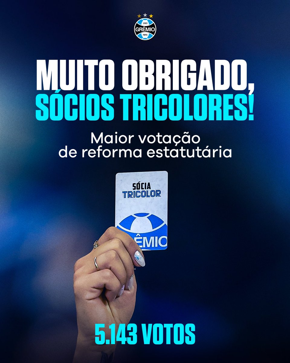VOTAÇÃO HISTÓRICA 🇪🇪 Mais de 5 mil associados participaram da Assembleia Geral online para a reforma estatutária, a maior já realizada pelo Clube. Engajamento, participação e compromisso com o futuro do Grêmio. Obrigado!

Leia mais em gremio.net/noticias/detal…