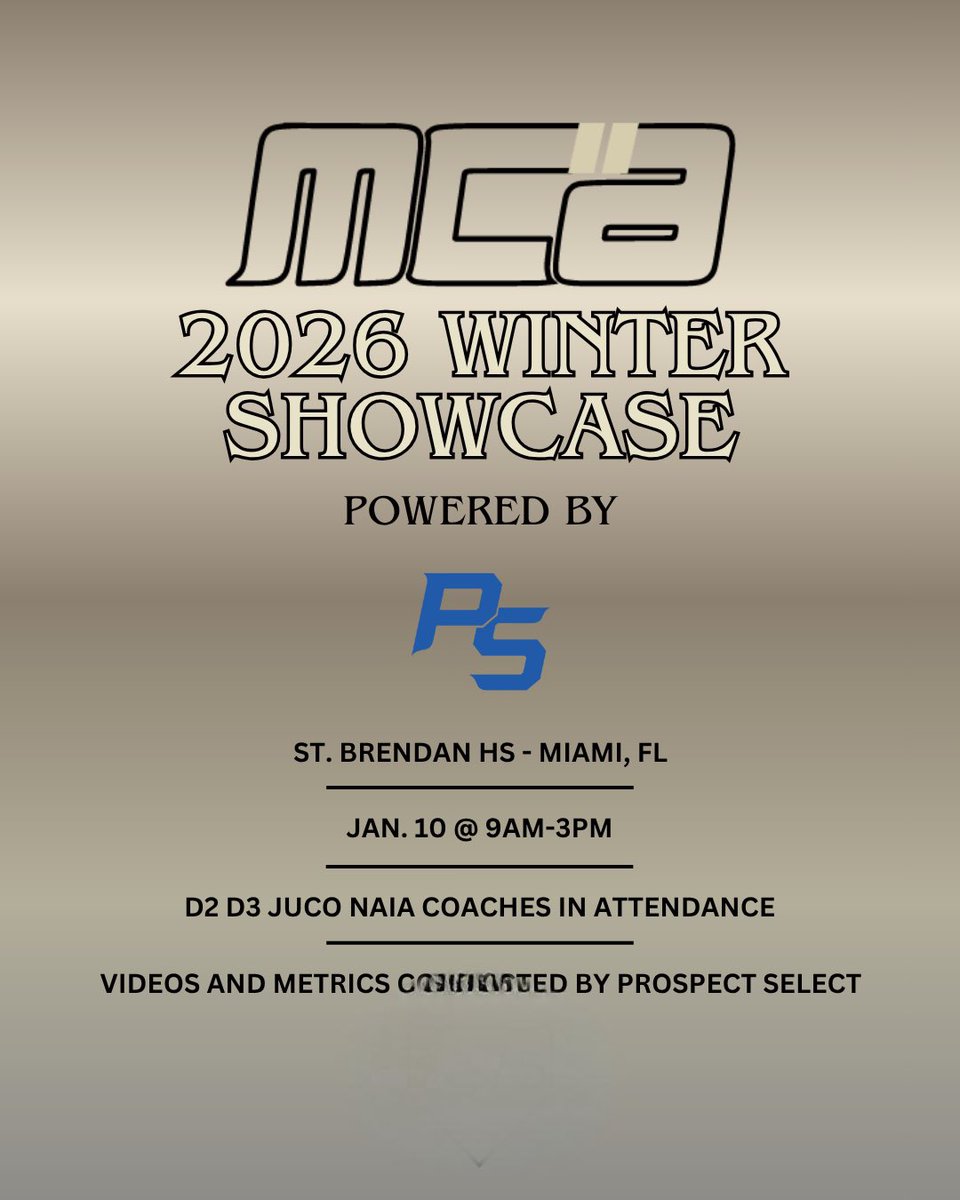 MelendezCollAdv's tweet photo. ⚾️ MCA Winter College Baseball Showcase
📍 St. Brendan HS | Miami, FL
📅 January 10
🎓 D2, D3, NAIA &amp; JUCO coaches in attendance
🔗 Sign up: https://t.co/adolCW4OQd
#mcabaseball #BeThe7% https://t.co/bvd9an48yj