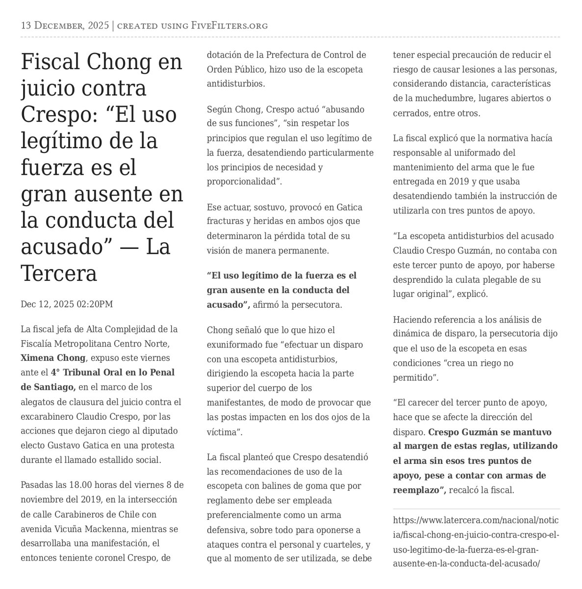Fiscal Chong en juicio contra Crespo: “El uso legítimo de la  fuerza es el gran ausente en la conducta del acusado”