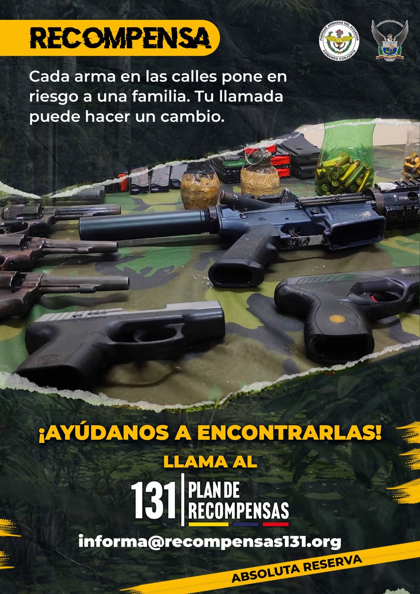 #ATENCIÓN🚨

Cada arma ilegal en circulación representa una amenaza directa a la ciudadanía.

Si conoces bodegas, distribuidores o puntos de venta, repórtalo.

📲 Llama al #131 – Confidencialidad absoluta y recompensa garantizada.

#131PlanDeRecompensas #Alerta #ArmasDeFuego