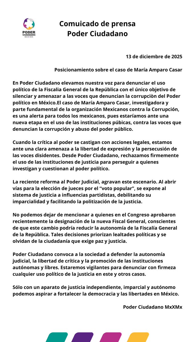 📣 Posicionamiento de Poder Ciudadano:
En Poder Ciudadano alzamos la voz ante el uso político de la justicia.
El caso de María Amparo Casar es una alerta grave contra la libertad de expresión y la crítica al poder.
Defendemos la autonomía judicial, las instituciones
