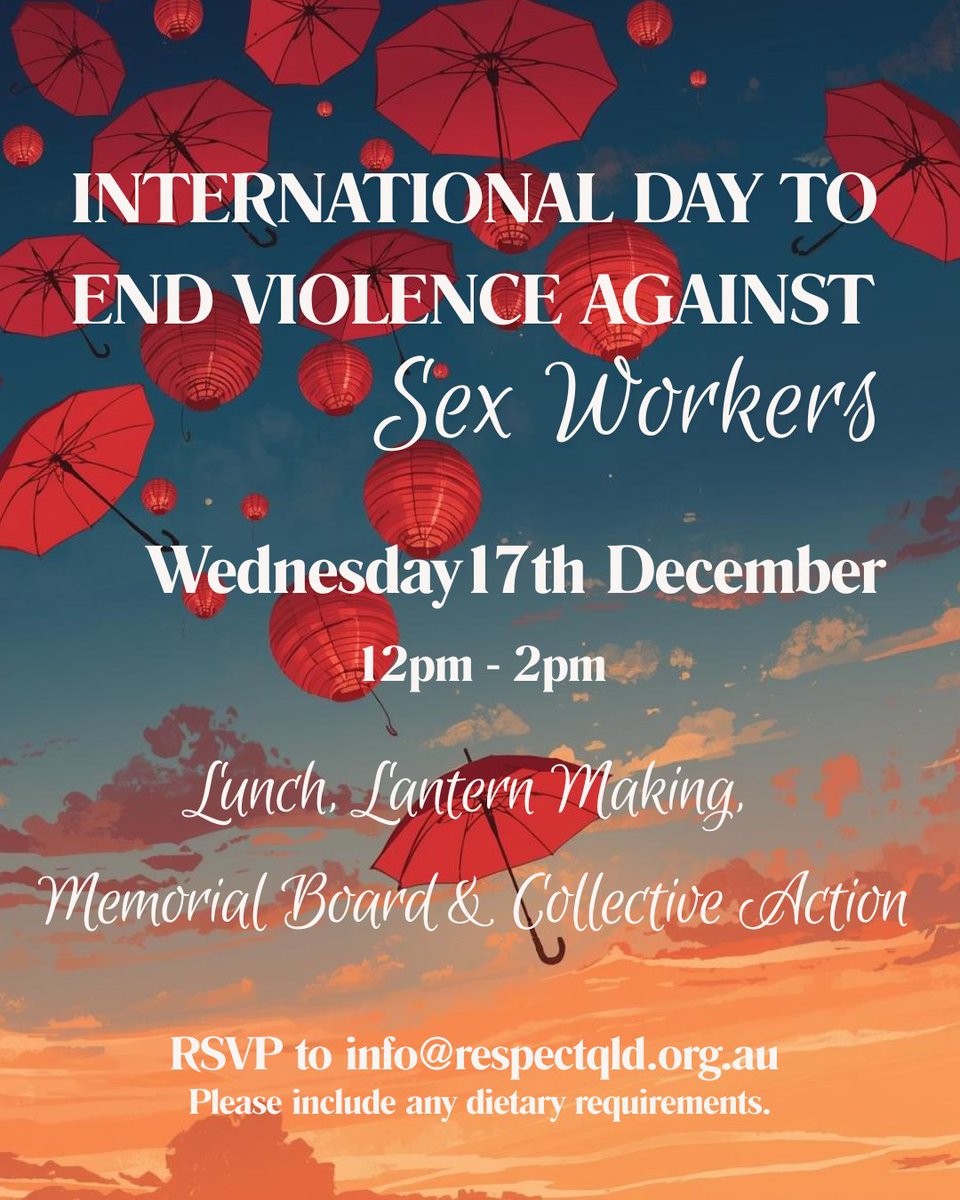 ❤️UPCOMING S*X W*RKER-ONLY EVENT ❤️

International Day to End Violence Against Sex Workers

Wednesday 17th December, 12 - 2pm

Lunch will be held at all offices - Gold Coast, Brisbane and Cairns.

At the Meanjin (Brisbane) here will also be the opportunity to participate in