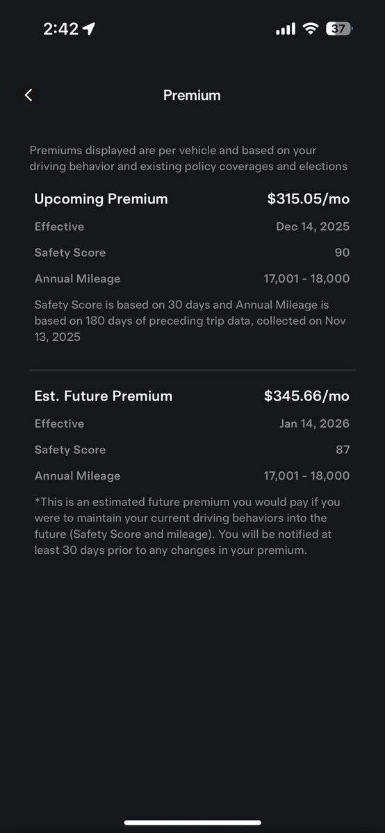 _JaredStuart's tweet image. Explain this Elon. I only use FSD and you claim it’s safer but ever since FSD 14 has come out I’m getting screwed with my insurance. @elonmusk numbers don’t lie.