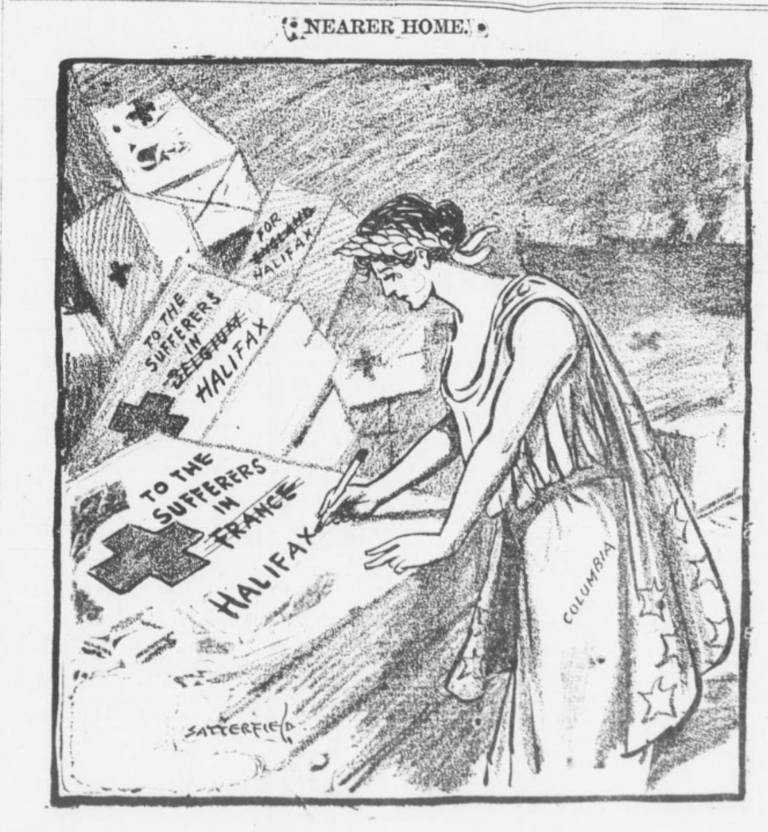 ThisDayInWWI's tweet photo. Dec 13 1917 #OTD Newspapers in USA still talking about Dec 6 1917 #HalifaxExplosion.
The Detroit Times picture of Barrington Street 
The Tacoma Times Bob Satterfield cartoon 
East Oregonian: E.O. Bob Satterfield draws the female personification of Columbia https://t.co/IETHNpWJJw https://t.co/sOV7gT8W45