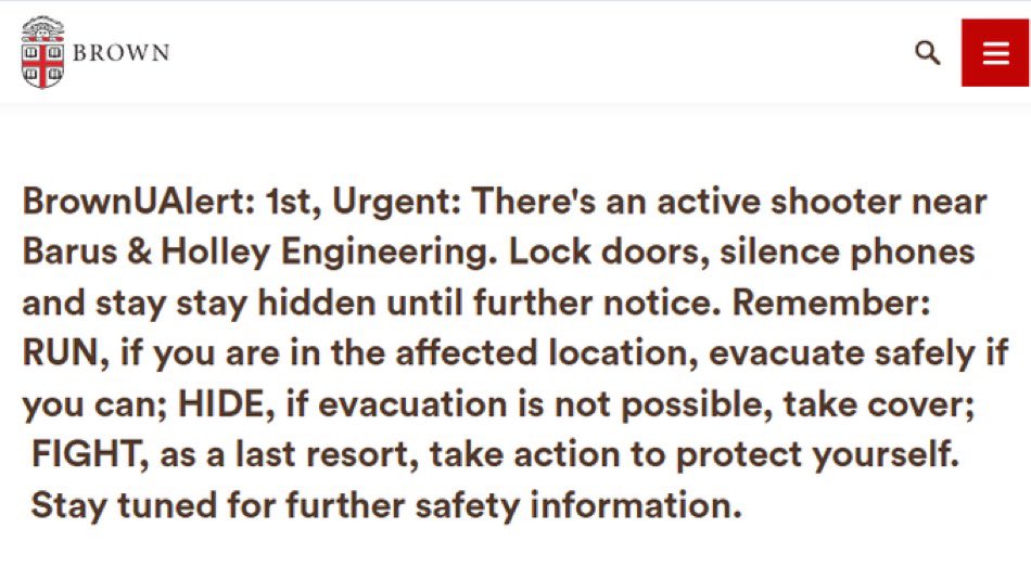There's an active shooter situation at Brown University🚨

There's a current alert of an active shooter and urging people to lock doors and stay hidden. The incident is occurring near Thayer Street.