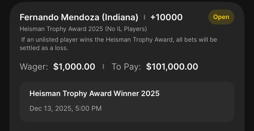 br_betting's tweet image. Arguably the GREATEST bet of the entire YEAR is just a few hours away from possibly cashing 👀

Fernando Mendoza to win the Heisman for $100K 🔥

@Heismandoza1 @DKSportsbook