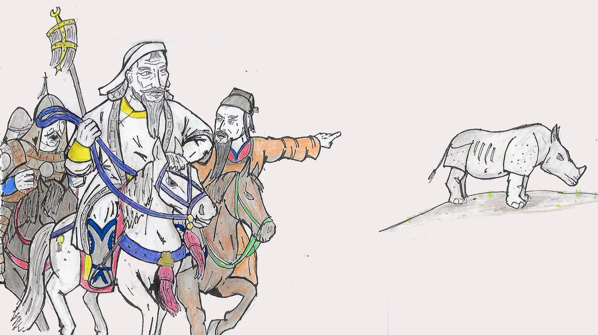 TimN23's tweet image. In 1224 according to some sources, Genghis Khan, who planned to invade and loot India, encountered a rhinoceros near the border. Believing it to be a demonic bad omen, he turned westwards toward Crimea and India was spared.