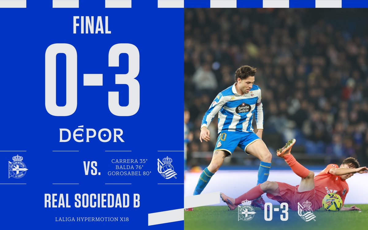 RCDeportivo's tweet image. Final en en #ABANCARIAZOR.

⏱️ 90+4’ | 0️⃣ - 3️⃣ |

#DéporRealSociedadB #LaLigaHypermotion