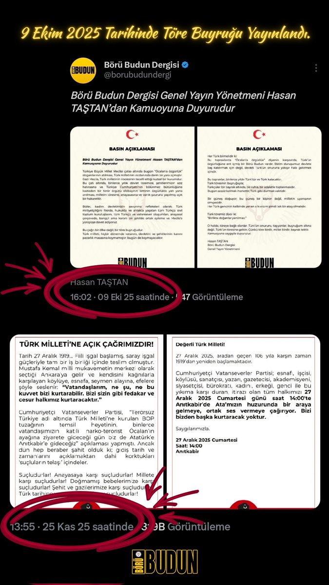 Kamuoyuna saygıyla duyurulur:
Bahse konu husus herhangi bir kişi, oluşum ya da inisiyatifin daveti değildir. Börü Budun Dergisi Genel Yayın Yönetmeni Hasan TAŞTAN tarafından 9 Ekim 2025 tarihinde kamuoyuna ilan edilen Töre Buyruğu’nun açık ve bağlayıcı hükmüdür. Bu irade,