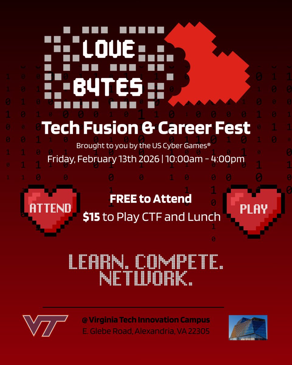 ✨ Get ready, DC Metro!
Love Bytes: Tech Fusion Fest lands Feb 13, 2026 — a full day of cyber, gaming, tech, demos &amp; community vibes.

🎟 Free entry
🕹 100-spot CTF (register early!)
❤️ All proceeds support US Cyber Team
🔗  hubs.li/Q03Y1Q7f0

#DCTech #NOVAEvent #LoveBytes