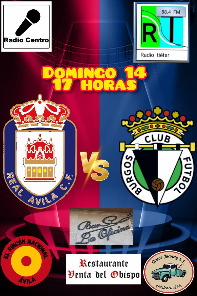 📆 DOMINGO 14
🕖 17:00 HORAS
⚽  <a href="/RealAvilaCF/">Real Ávila CF</a> 🆚 <a href="/BurgosCF_SAD/">Burgos C.F._ S.A.D.</a> B
🎤EN DIRECTO
Los de siempre
Vive al Ávila de verdad.
Dónde siempre 
Descárgate la APP.
Participa por WhatsApp en el 633213003
radiocentroav.radio12345.com

radiocentroav.radiostream321.com
