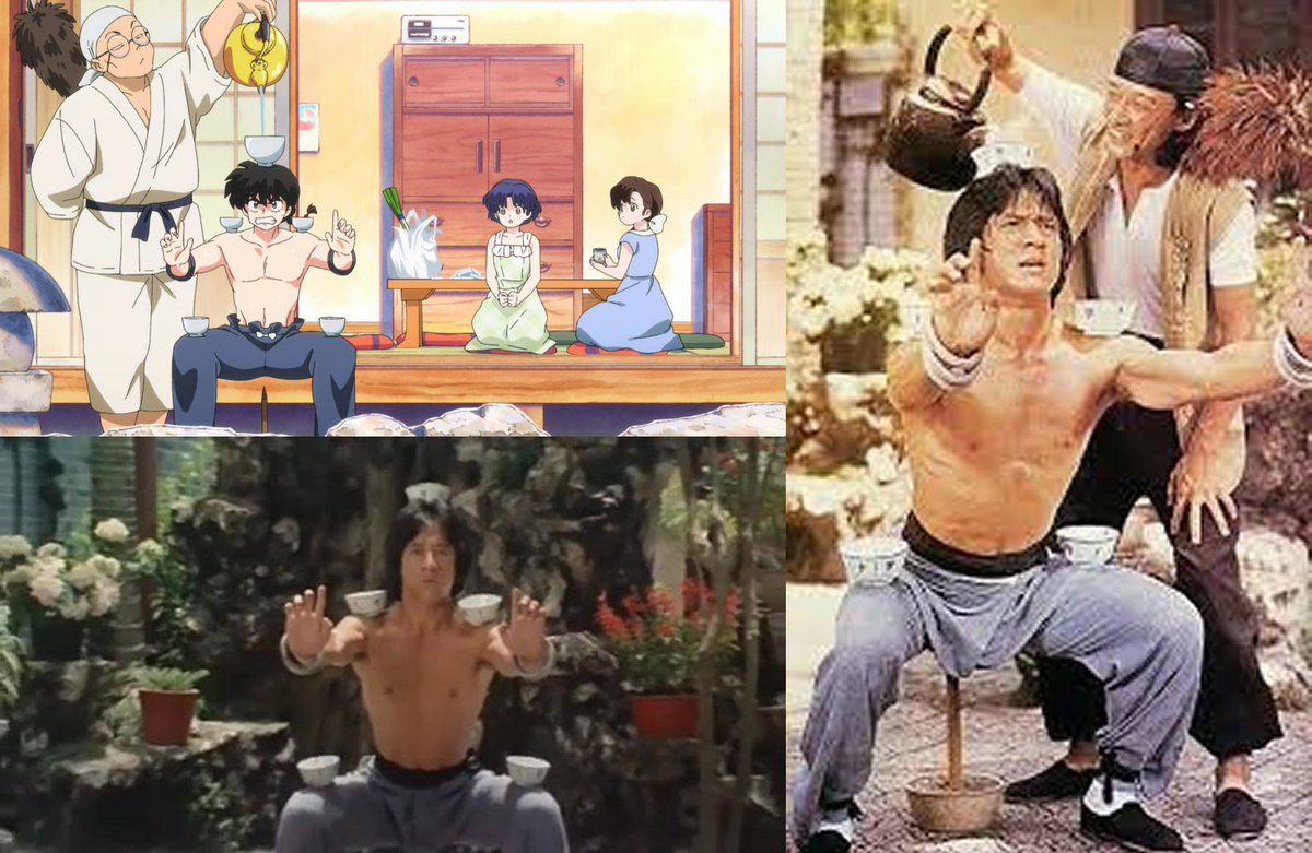 Episode 23 was filled with references to Jackie Chan's 1978 film "Drunken Master" from the opening call back to Wong Fei-hung (played by Jackie Chan) and Yim Tit-sam/Thunderleg (played by Hwang Jang-lee) to "pretty girl putting on make-up" and Genma's brutal balance training.