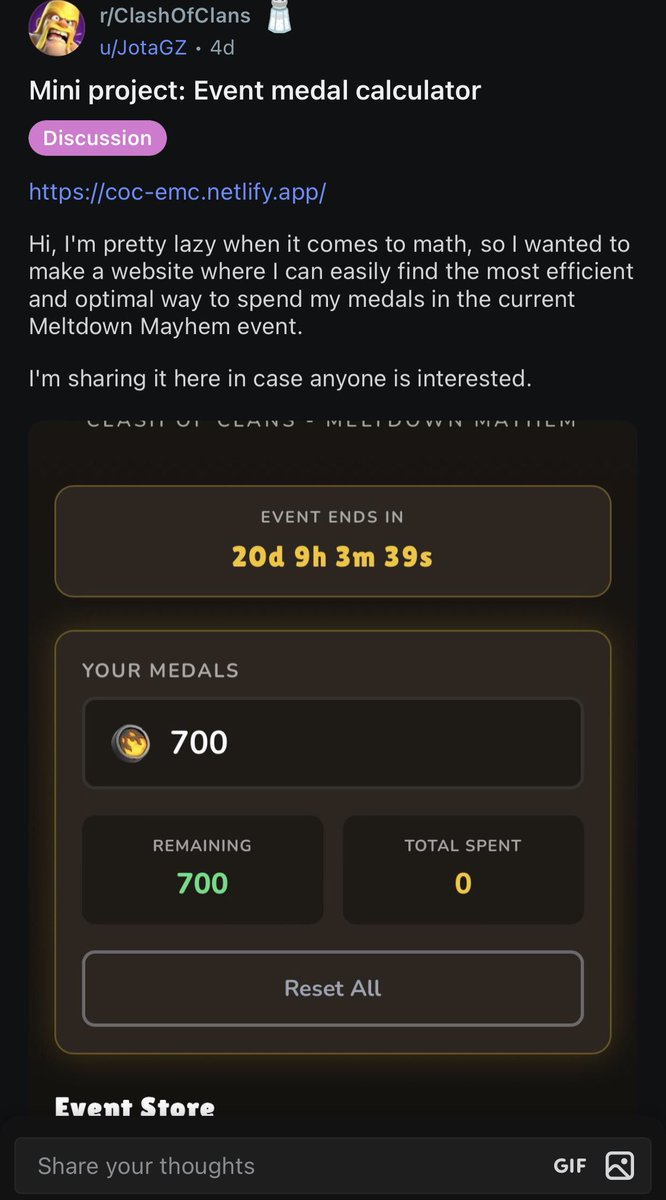NoaDrawz's tweet photo. Hice una web para planear como usar tus medallas del evento en #ClashOfClans

Lo publiqué en reddit pero me lo bajaron, así que lo comparto por acá xd

Por si a alguien le interesa 👍
https://t.co/rwPhcFv6qH https://t.co/EvXuh8JYcd