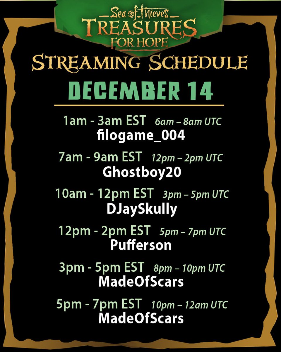 Tomorrow’s stream crew is locked in! Don’t miss who’s going LIVE for Treasures For Hope.
Donate, support, and redeem your treasures: treasuresforhope.com

Also don't miss out the last day of Sea of Thieves' Orb Streams at twitch.tv/seaofthieves tomorrow until 5:00pm UTC