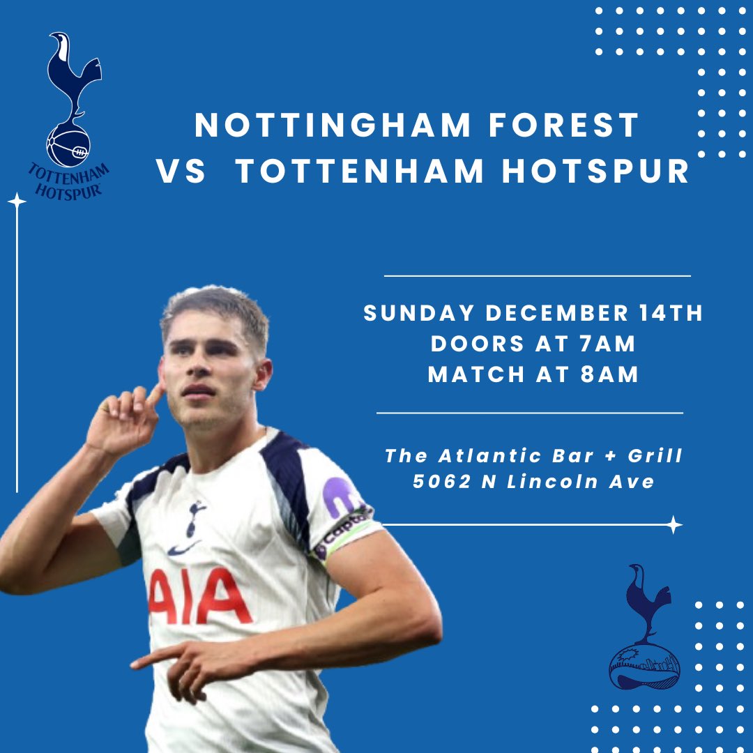Join us tomorrow as we take on Nottingham Forest! 
Doors at 7. 
Match at 8.
#thfc #tottenhamhotspur #coys #chicagospurs