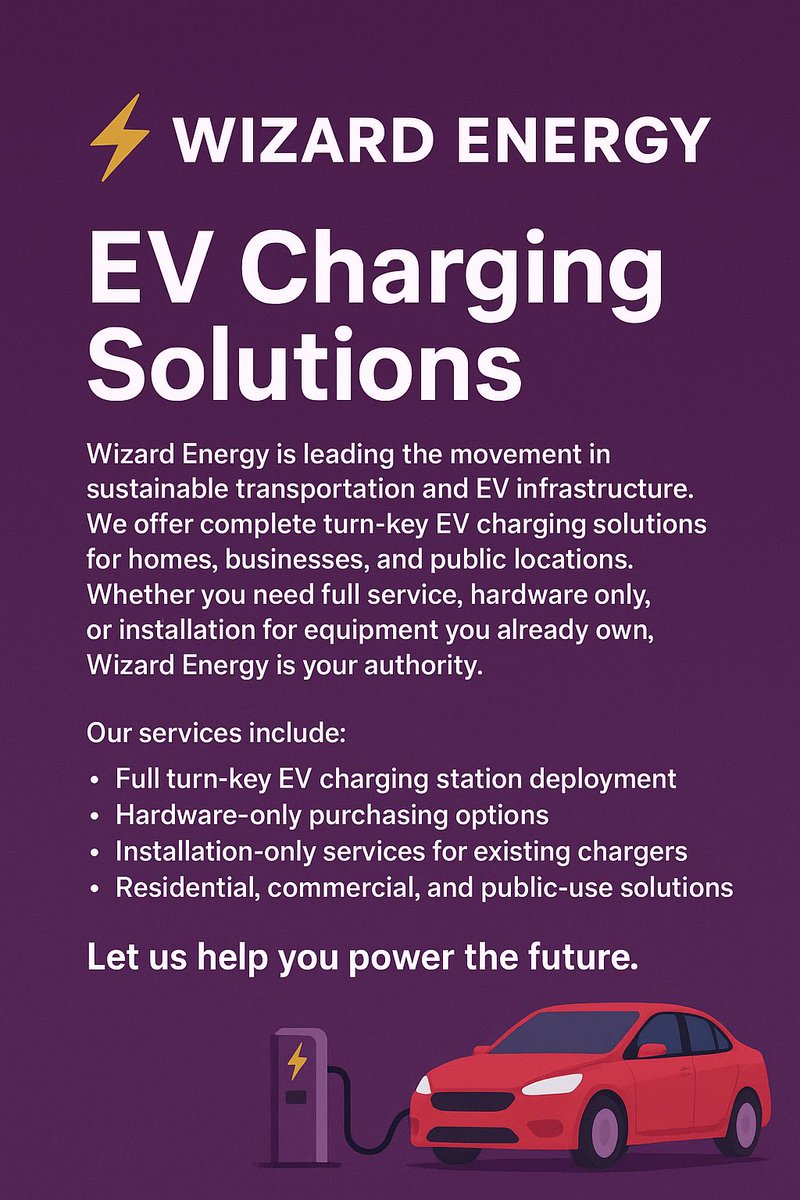 WizardEnergyllc's tweet photo. Thinking about EV charging? We make it simple⚡

Wizard Energy offers turn-key EV charging solutions designed to grow with your property and your community

Full deployment

Hardware only options

Installation services

Ongoing support

Let us help you power the future🔋 https://t.co/EB6pcZeP7t