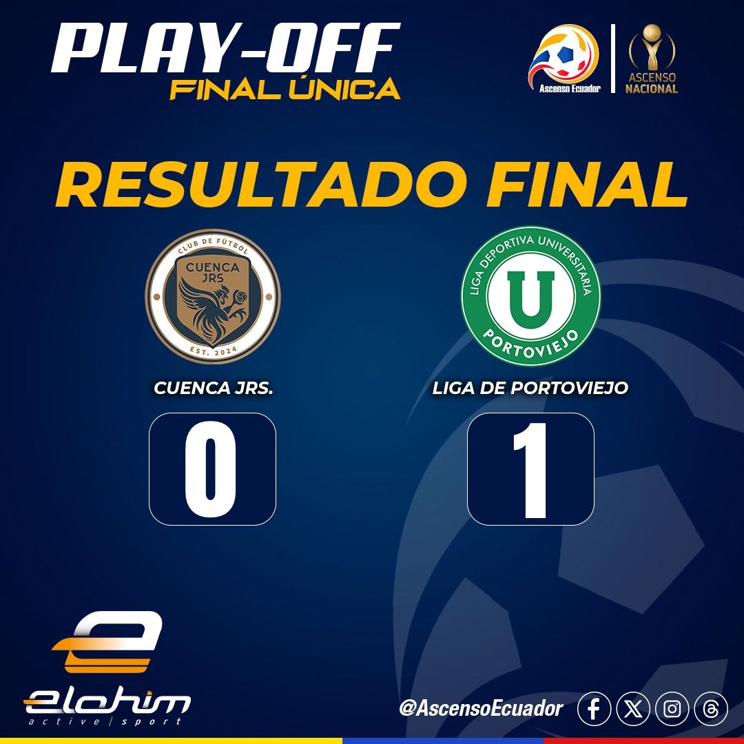 ⏱ ¡Final del partido! <a href="/LDUPoficial/">LDU PORTOVIEJO</a> CAMPEÓN  de Ascenso Nacional 🏆⭐️
⚔ Cuenca Jrs. (0 - 1) Liga de Portoviejo.
👤 Delgado / LDUP.
🏟 Olímpico Fernando Guerrero | Riobamba
🏆 Ascenso Nacional 2025 | 🇪🇨
🗓 Final Única
#AscensoEcuador #ElohimSport