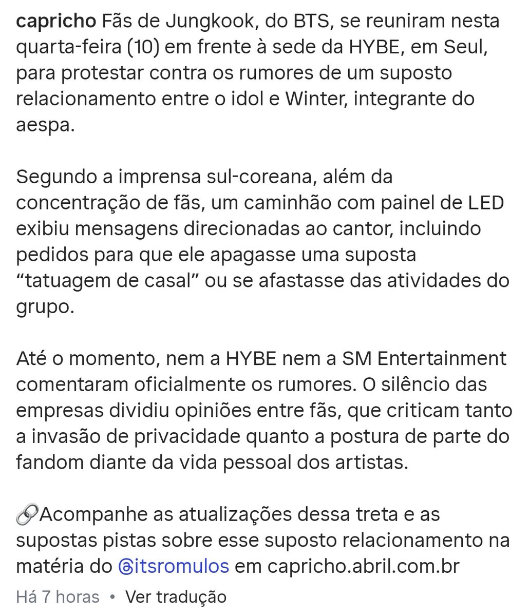ywhh07's tweet image. ARMY ATENÇÃO 🚨

a @CAPRICHO fez uma postagem sensacionalista afirmando que o fandom se reuniu em frente a hybe e enviou caminhões para protestar contra 🐰 por causa do rumor de namoro, o que é MENTIRA! 

🎯 informação falsa (conta + post)
↪️ instagram.com/p/DSNTeJKkWL0/…