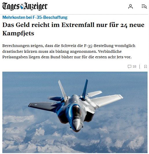 Wie schafft man es, dass man ganz plötzllich und unerwartet für 6 Mia. Schweizer Franken anstatt 36 nur noch 24 Flugis bekommt?

In dem man mit den Amis einen Deal zu einem FIXPREIS abschiesst! <a href="/vbs_ddps/">VBS - DDPS</a> 

Chunsch druus? 🤔😎