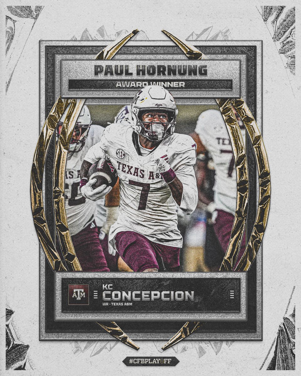 CFBPlayoff's tweet photo. Texas A&amp;M receiver and return specialist KC Concepion has received the Paul Hornung Award for college football's most versatile player!

#CFBPlayoff x #GigEm https://t.co/nbYFMVNSv1