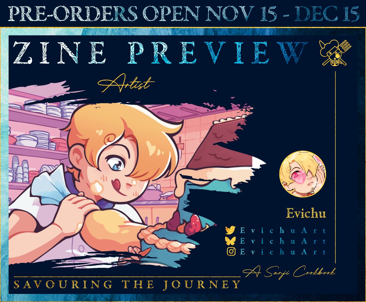 Here's a preview of my spread for <a href="/sanjicookbook/">🌊 Savouring the Journey 🩵 A Sanji Cookbook 🍲</a> !

POs have been extended until December 31st, so go grab a copy if you want a zine full of delicious food and wonderful art!! 💙💫

🔗 sanjicookbook.bigcartel.com