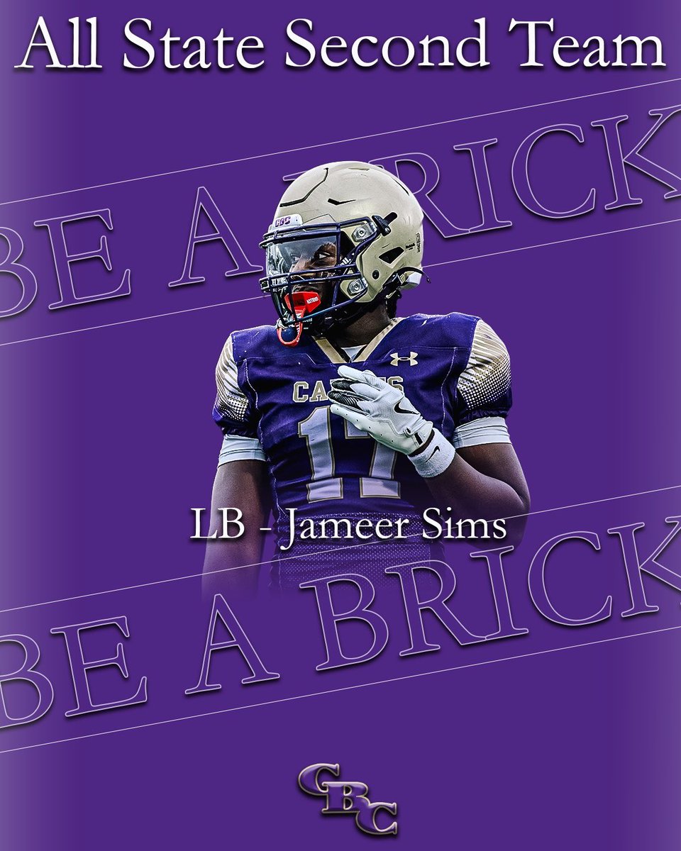 CBCFootball's tweet image. Nothing given…Everything earned.💜💪
Congratulations to our 5 All State selections 
1st Team-
QB-Nick McClellan 
RB-Vic Williams 
OL- Gavin Dauby
LB-Cortlaan Collins 

2nd Team-
LB-Jameer Simms 
#BeABrick #MenForTomorrow #BrothersForLife