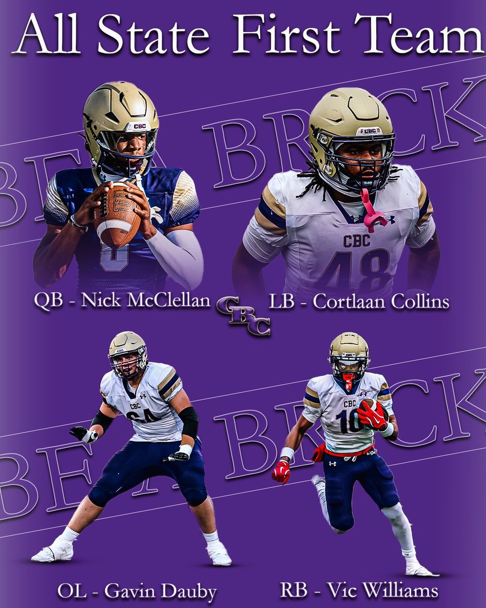 CBCFootball's tweet image. Nothing given…Everything earned.💜💪
Congratulations to our 5 All State selections 
1st Team-
QB-Nick McClellan 
RB-Vic Williams 
OL- Gavin Dauby
LB-Cortlaan Collins 

2nd Team-
LB-Jameer Simms 
#BeABrick #MenForTomorrow #BrothersForLife