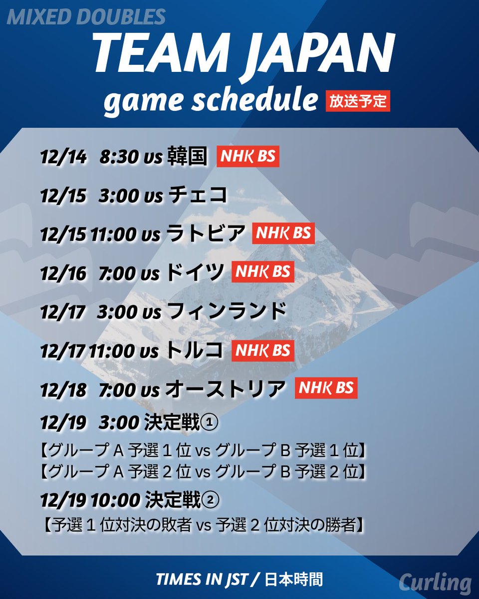 japan_curling's tweet image. 【2025オリンピック世界最終予選】
ミックスダブルス日本代表の競技スケジュール・放送スケジュールです🥌

競技の一部は、NHK総合・NHKBSにて放送されます。
応援よろしくお願いします✨

#curling #カーリング #OQE2025