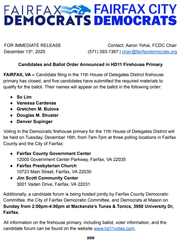 AaronJYohai's tweet photo. Five candidates have qualified for the ballot in the #HD11 firehouse primary, seen below in the statement and the sample ballot. The primary will be held on Tuesday, December 16th 7am-7pm at three polling locations found along with all other information at https://t.co/u8e8UVeZC2 https://t.co/ZBoIkof8cX