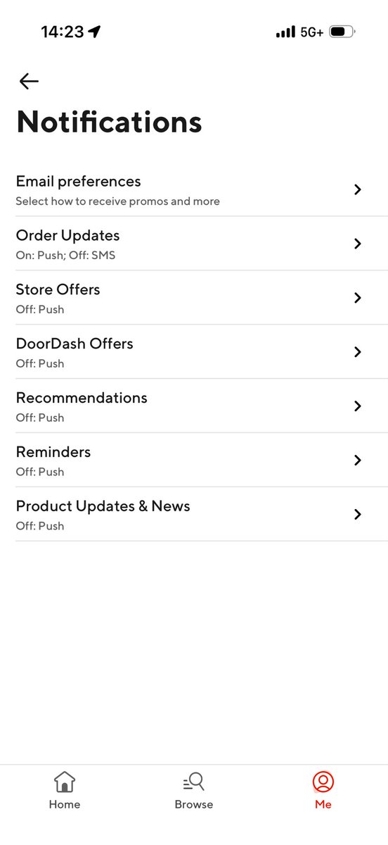 wonlove's tweet photo. @DoorDash can you help me understand why I’m getting promotional notifications like this when those settings are all flipped off? https://t.co/aERauNTzoR