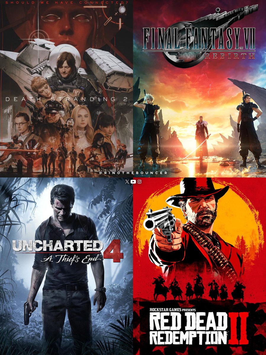 RinoTheBouncer's tweet photo. Four games that deserved GOTY more than the actual winners🚀

✅Death Stranding 2: On the Beach
✅Final Fantasy VII: Rebirth
✅Uncharted 4: A Thief’s End
✅Red Dead Redemption

How would you thank them?😎 https://t.co/h6q7pqCqzM