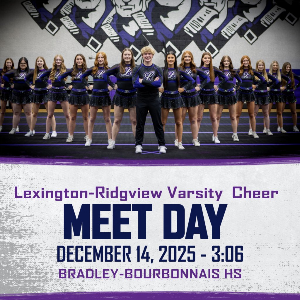 Lexington7AD's tweet photo. JV and Varsity Comp Cheer teams compete tomorrow at Bradley-Bourbonnais High School! Make the drive to come watch. #LEXGO https://t.co/5RyMznB0By