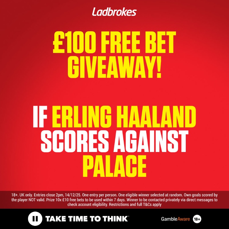 Ladbrokes's tweet photo. Fancy winning a £100 Free Bet? 

🔴 Retweet &amp; Like this post ♻️📱 
🔴 Make sure you follow @Ladbrokes ✅ 
🔴 Comment below who you think will win the Premier League this season

And if Haaland scores against Palace today, one of you will be winning that Free Bet!💰