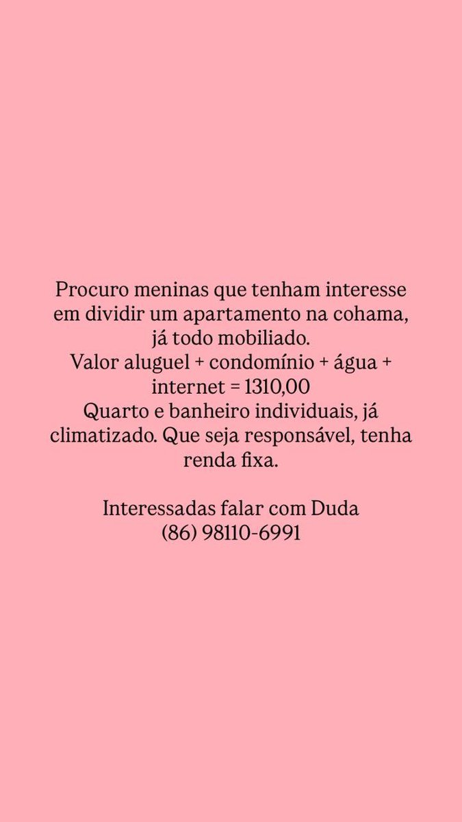 gabriel_lamar's tweet photo. Boa noite, glr minha namorada está procurando menina para dividir apartamento. Quem tiver interesse ou souber, entra em contato!! https://t.co/Tn7tAS1koR