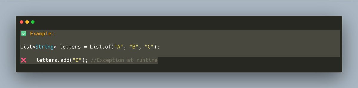 mario_casari's tweet image. Java tip 💡: You can use List.of() and Set.of() to create immutable collections.

These are a quick ways to create unmodifiable lists and sets without using Collections.unmodifiableList().
#Java #Collections  
🧵