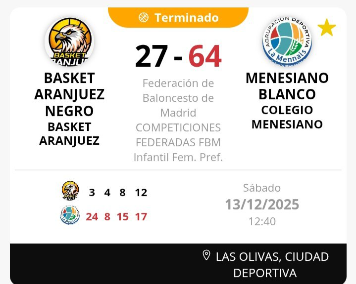BasketAranjuez's tweet photo. Derrota del #InfFem en casa frente a @MenesianoMadrid #Alonso: "Buen trabajo del equipo pese al marcador. Clara mejora respecto al último partido" https://t.co/Wk1PJicyUT