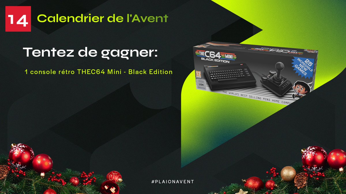 🎁 #PLAIONAvent - Jour 14 🎁

Aujourd’hui, on vous fait gagner la réédition de l’iconique Commodore 64 : THEC64 mini – Black Edition !

Participer :
✅ Follow @plaion_fr
💚🔃 Like et RT ce post

1 gagnant
TAS le 12/01/26