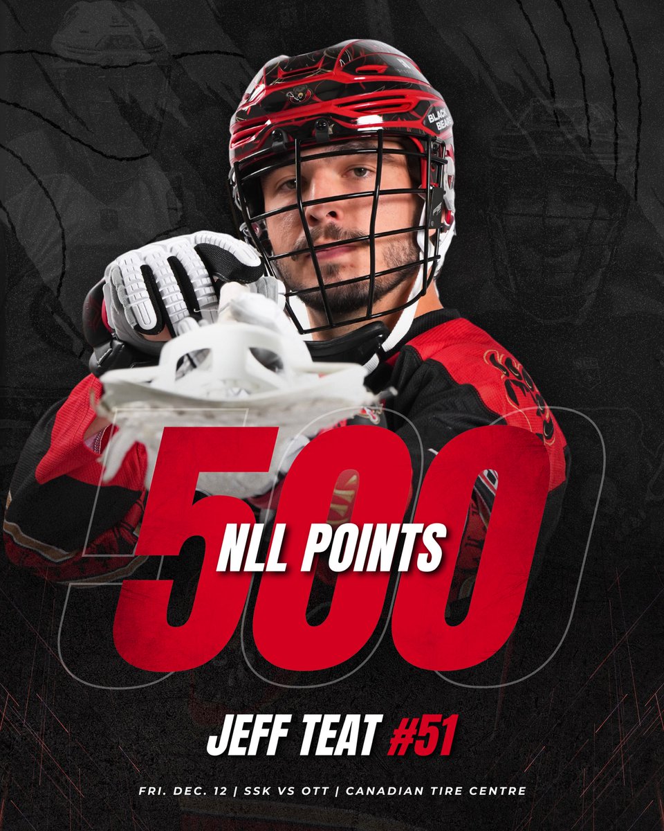 ottblackbears's tweet photo. FASTEST TO 500! 🚀 JEFF TEAT

Our captain has made history, hitting 500 @NLL points faster than anyone in the league! 🐾

@ottblackbears | #bearwitness | 🐐 https://t.co/wi84LB8n3K