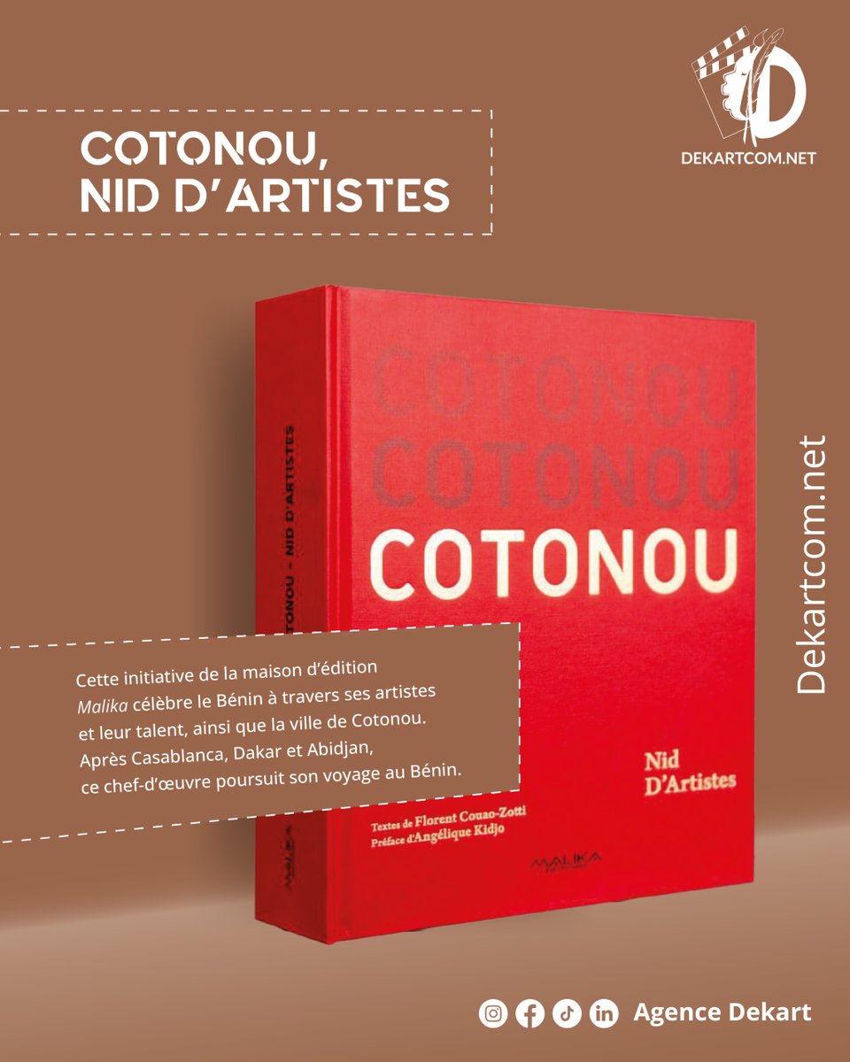 Cette initiative de la maison d’édition Malika célèbre le Bénin à travers ses artistes et leur talent, ainsi que la ville de Cotonou. Après #casablanca , #Dakar et #abidjan  .
📷 urlr.me/xdAb9w
📷 WhatsApp: urlr.me/4k3cMP
#DekartCom #AgenceDekart #ArtsCulture