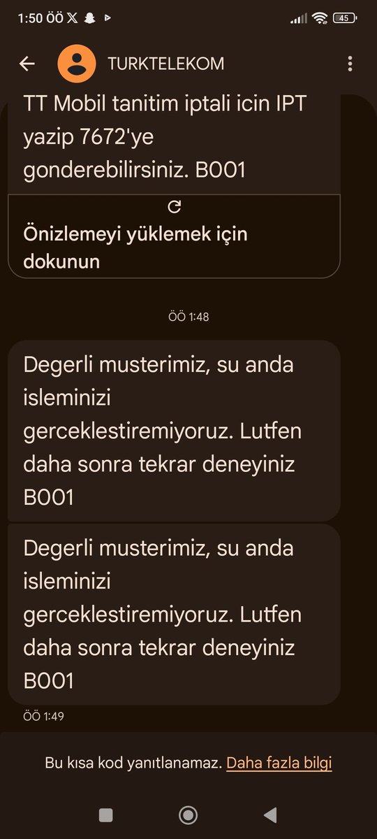 Türk Telekom'a giriş yapamıyorum yeni tek kullanımlık şifre istediğim zaman işleminizi gerçekleştiremiyoruz uyarısı alıyorum. Lütfen sorunu çözmeme yardımcı olun veya sorun sebebini bana iletin.  <a href="/TurkTelekom/">Türk Telekom</a> <a href="/TTDestek/">Türk Telekom Destek</a> #turktelekom