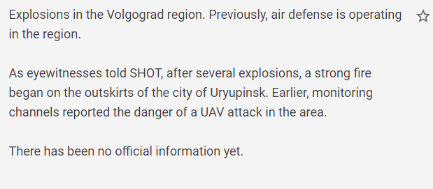 Russian media is reporting that there have been explosions in the Volgograd region as well as (near the oil depot) in Uryupinsk.