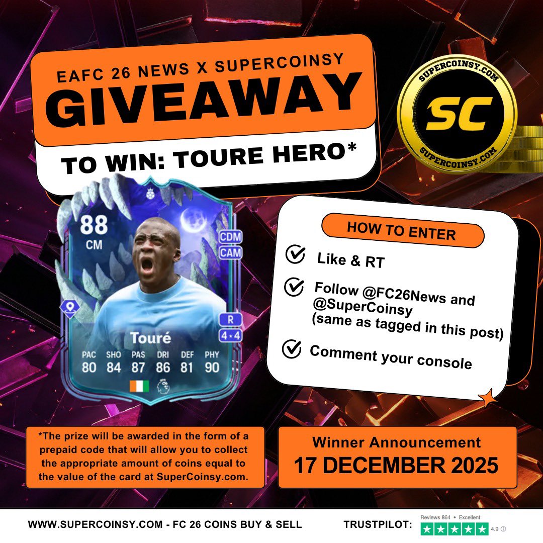 🚨 Scream Touré 🇨🇮 Giveaway 🔥🎃 

• Like &amp; RT ❤️🔄
• Follow me + <a href="/SuperCoinsy/">SuperCoinsy / FC 26 Coins selling & buying</a>
• Comment your console 👇

Winner picked soon 🫡 #fc26