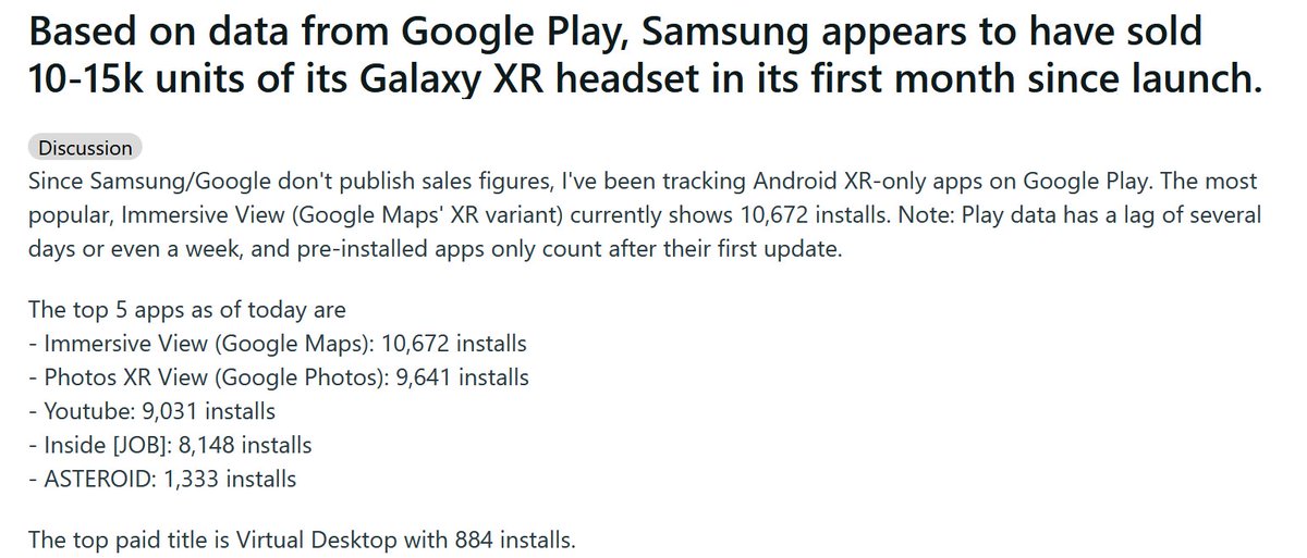 Has Galaxy XR sold only 15K units at launch?

#VirtualReality #VR #Google 

reddit.com/r/virtualreali…