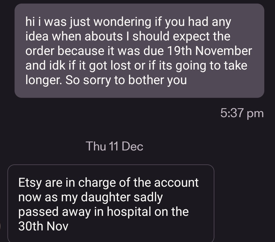 chargedwater's tweet photo. Hey @Etsy is there anyway I can open a case without bothering the store owners again? The owner died and i feel really bad bothering the family again, should i just wait until they have a death certificate rather then open a case https://t.co/4LQabCjMmd