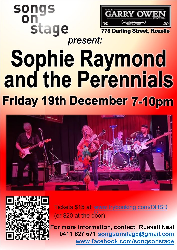 the fantastic Sophie Raymond and the Perennials at the Garry Owen Hotel, 778 Darling Street, Rozelle. Fri 19 Dec, 7-10pm
Tickets only $15 trybooking.com/DHWAP(or $20 at the door)
More info at the Facebook event facebook.com/events/1795862….