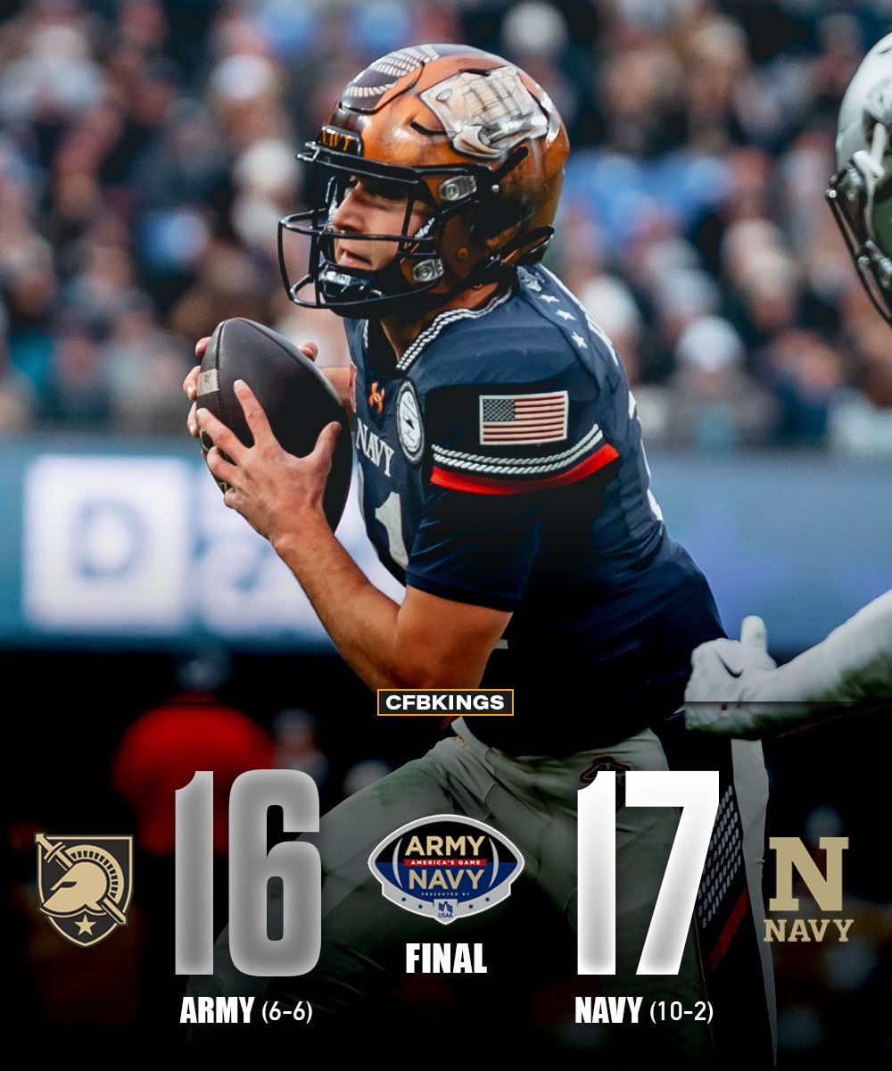 NAVY BEATS ARMY 17-16 ⚓️🇺🇸

THE MIDSHIPMEN HAVE WON 10 GAMES IN BACK-TO-BACK SEASONS FOR THE FIRST TIME EVER.