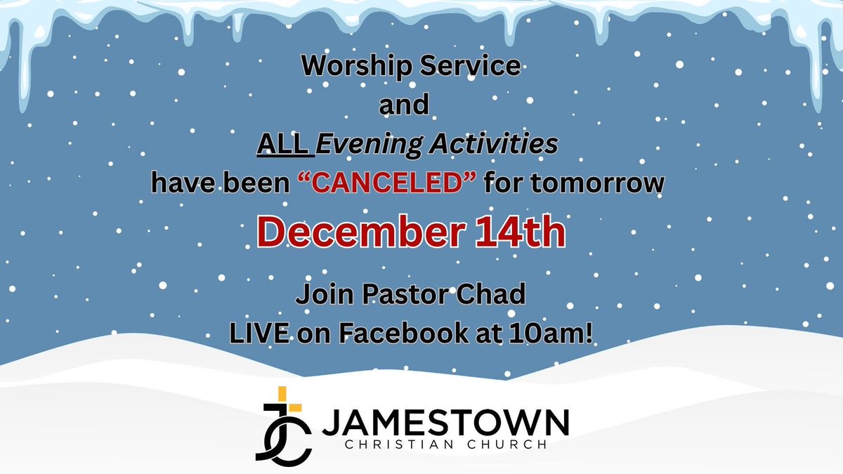 JCC_Indiana's tweet photo. For everyone's safety and cold temperatures, we are going to cancel for tomorrow, December 14th. 

All Trinity gifts need to be dropped off by Tuesday, and we will push the church meeting back until next week.

Pastor Chad will be LIVE on Facebook at 10am!!! https://t.co/x6BoIPGqD8